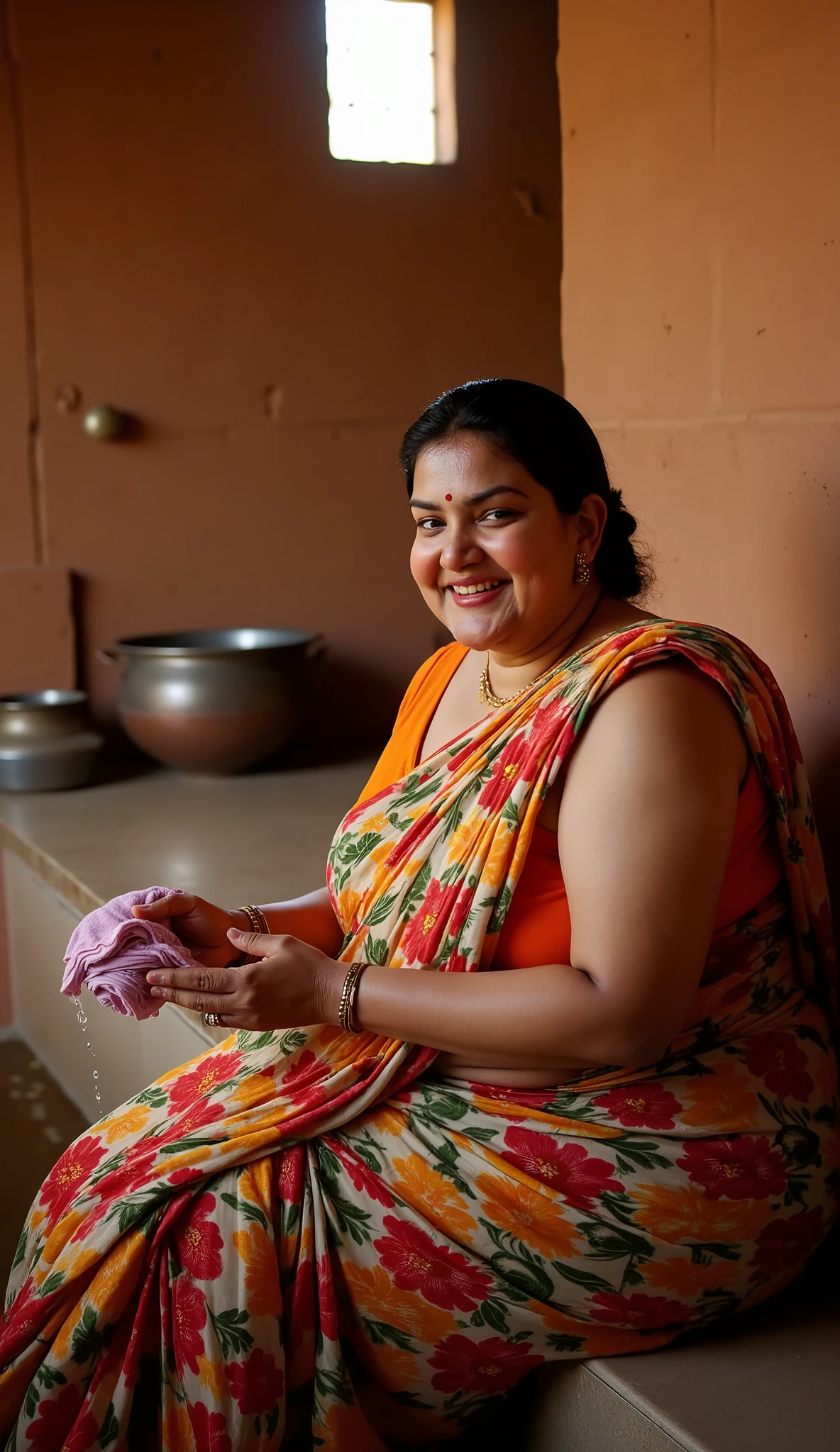 A beautiful Indian woman resembling chubby and old 40 years old Katerina Kaif with big fat face and extra large chubby figure sitting inside bathroom, wearing a colorful saree with floral patterns half sleeveless and more fat hands. She is washing clothes in her hands. The setting is rustic, with clay walls, a small window letting in sunlight, and traditional cooking utensils in the background. The woman has a warm expression and looks slightly toward the camera. Vertical image, 9:16 ratio, photorealistic style.