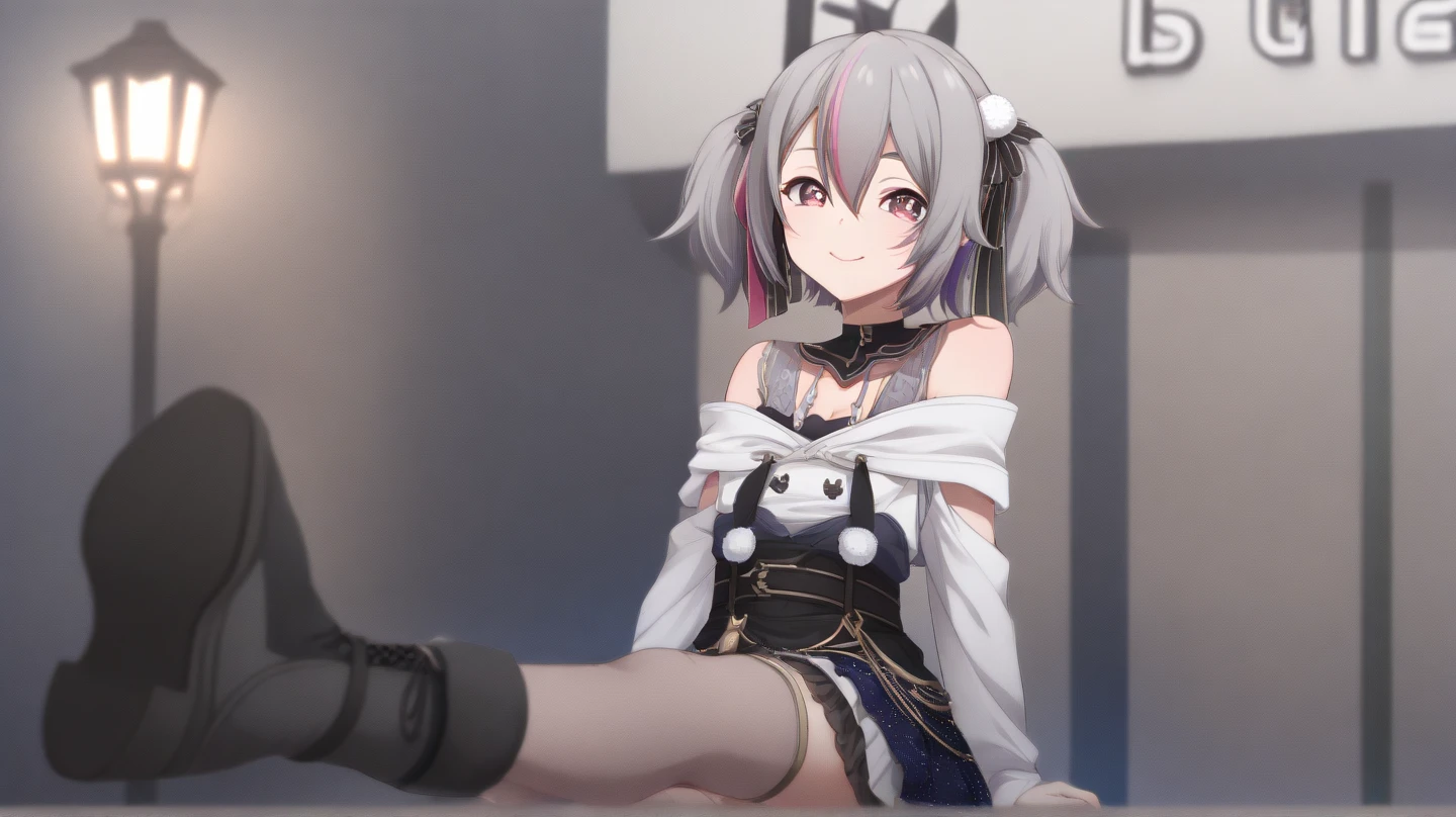 rosy lips,violet hair、Violet eye、 thin waist and big hips,, big smile, neck accessories, small V-shaped hip bones, firm butt, full body, Because I&#39;m slender, Innocent and cute face, glowing skin, short skirt, Arm Accessories, Leg Accessories, (((spread your legs, sit with your knees bent))))