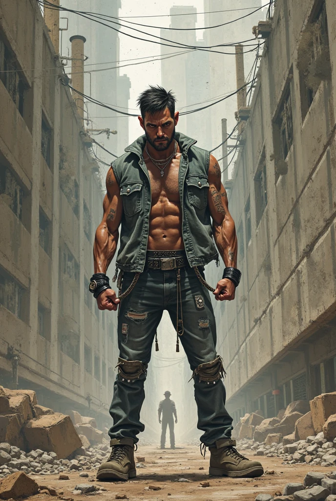 th3r0ck's photo as sadam hero character, poke head, hero costume with lightning bolt symbol on chest, great body, distinct masculinity, abandoned city, cool face
