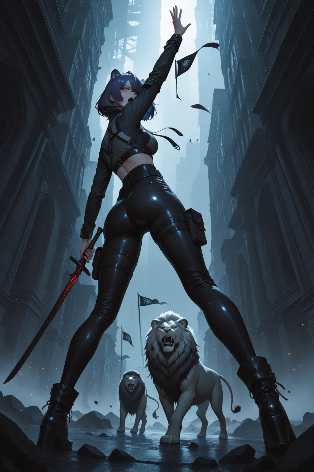 a full body cat woman with a large sword in one hand and a large gun in the other hand, detailed face, intricate anatomy, realistic fur texture, dramatic lighting, cinematic composition, vibrant colors, digital art, concept art, hyperrealistic, moody atmosphere, dark fantasy