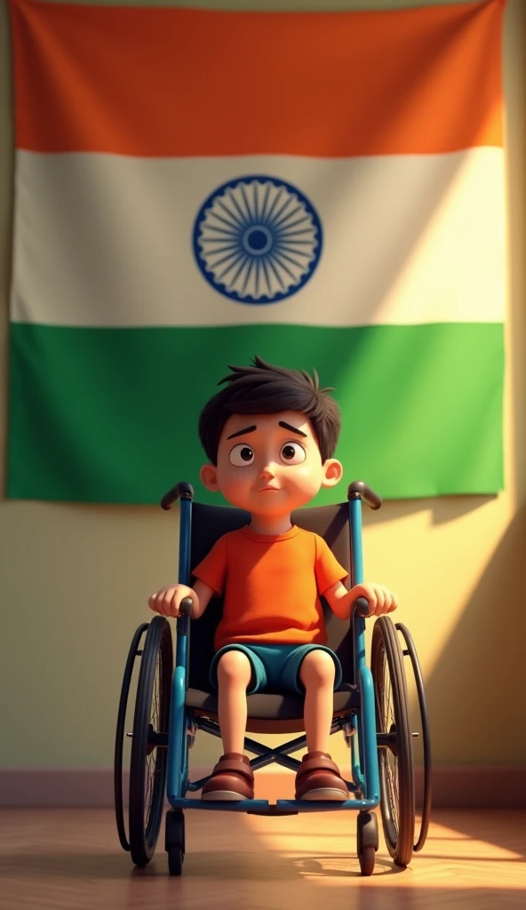 A boy sitting in a sofa . Wearing black  grans and wight shirt .in back ground Aryan name will be written with Indian flag colour 
