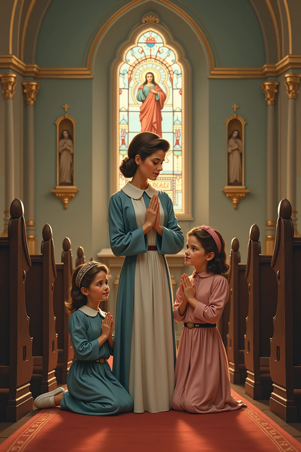 A church mother brings a chair to the small girl standing near a big podium