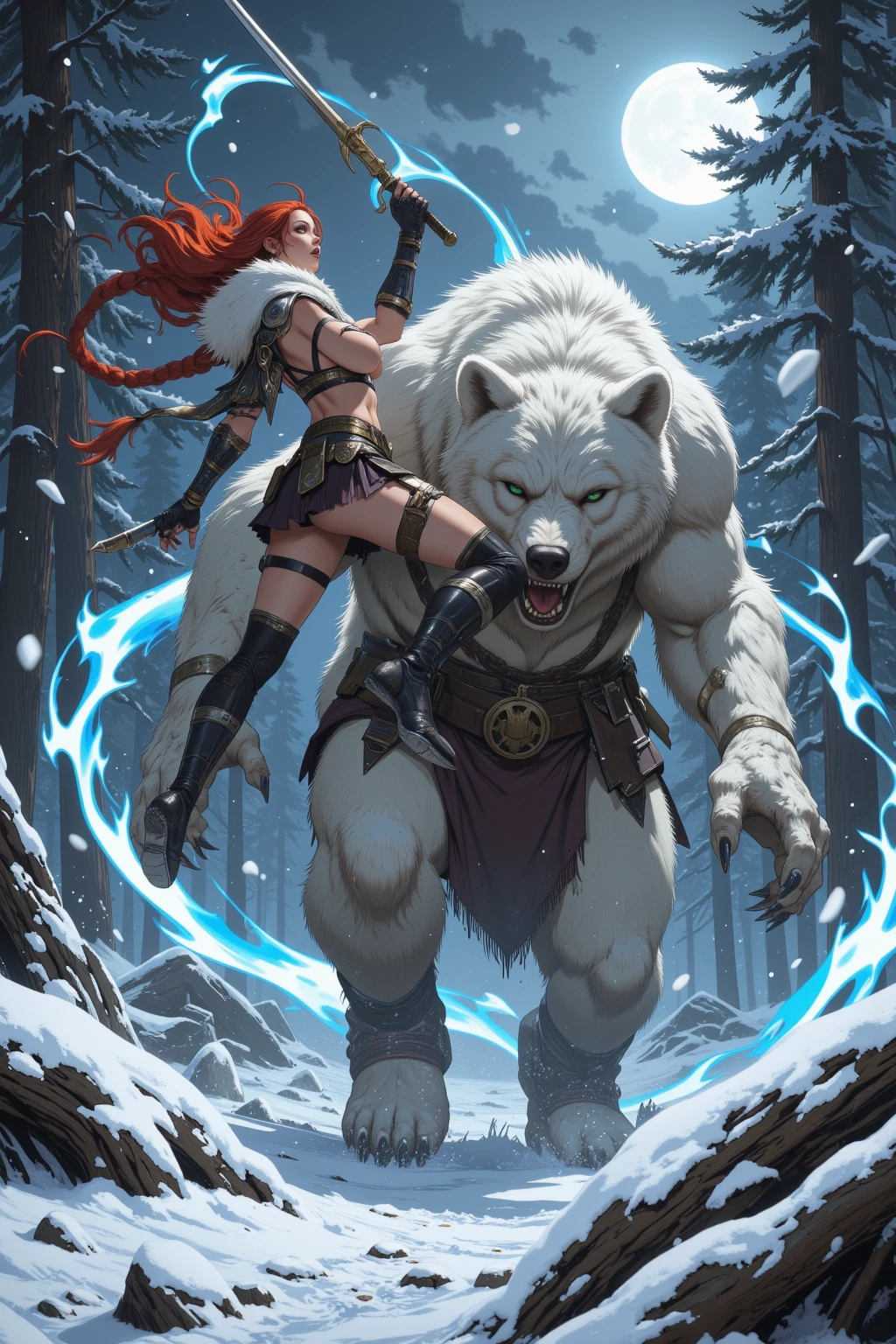 A fierce redhead warrior, Red Sonja, with her companion a huge giant wolf in a snowy landscape, blood stains on the pristine white snow (best quality, 4k, 8k, high resolution, masterpiece: 1.2), ultra detailed,,vivid colors,bokeh,portraits,concept art,dramatic lighting,cold tones,snow, ice, winter, art inspired by Bill Sienkiewicz
