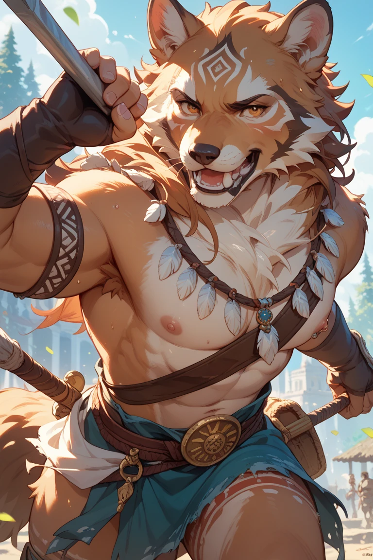 Art by snowskau, posted on e621, charr,solo,male, loincloth,bulge,nipples,low angle view,seductive