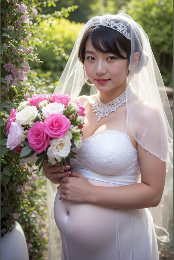 ((top-quality、8K分辨率、Master masterpiece、Portrait:1.3)), Photorealsitic, tissue, 35㎜ film, 1 Japan Woman_Middle-aged woman_49 years old, (Hair pulled back) , (tiarra_Wedding Veils)、Pearl Necklace、Wrinkles at the corners of the eyes, blush、Seductive smile、naughty expression、(((See-through bride costume_Expose naughty dresses))、((Open your clothes_Open chest)),((see -through)),(white_Garter belt stockings_See-through micro mini panties), (standing nipple:1.5) ,((Underwear))、Flower garden in full bloom、The fountain、plein air、during the day、((toppless_areolae slip))