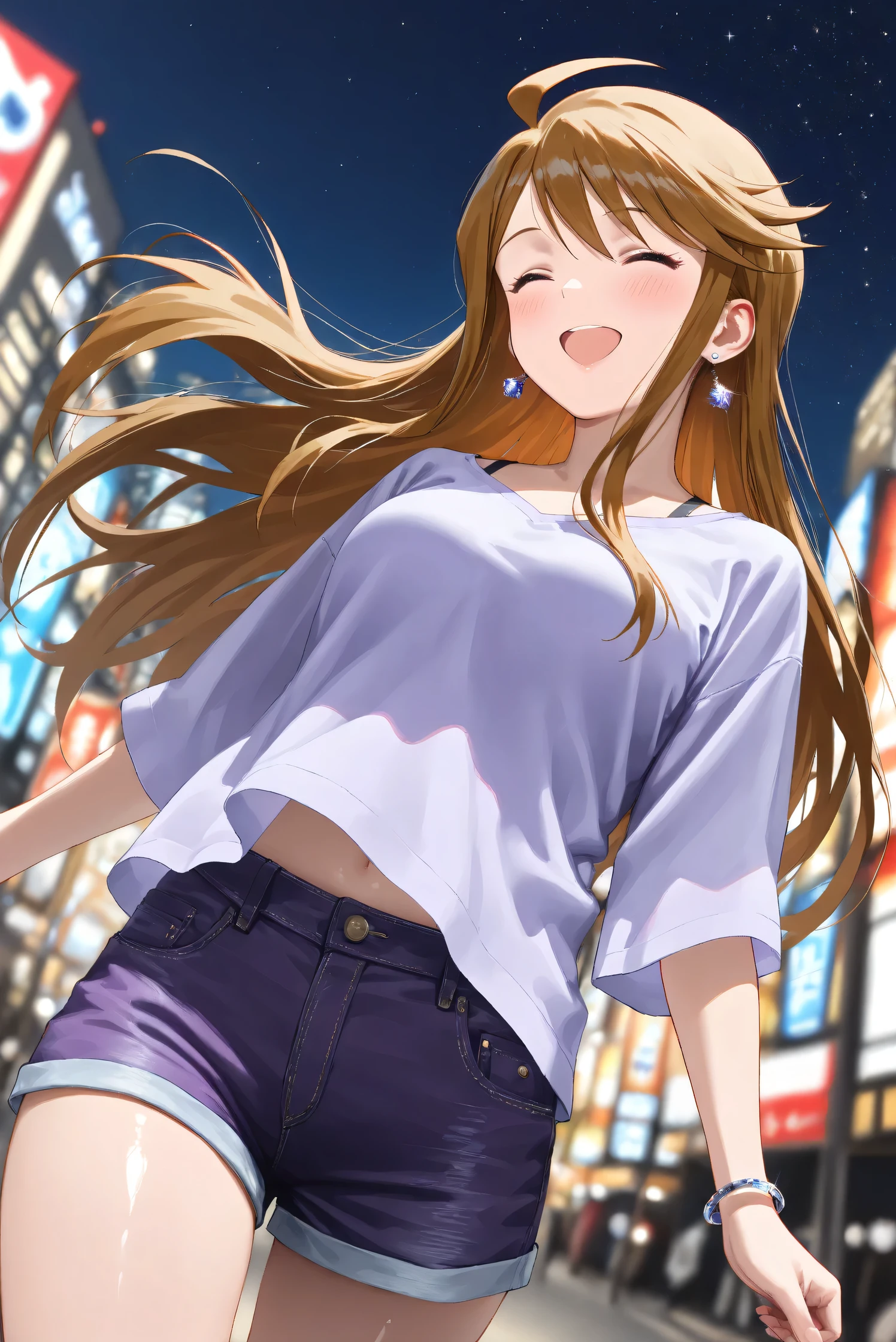 (Masterpiece), (Highest quality), (Very detailed), 
(The best shape), (Best Shadow), (Absurd), 
(Detailed background), (So beautiful), (Shiny), 
(Extraordinary), (Countershading), (8k), (32K), 
(High resolution), (Very Detailed CG), (UHD),

(Score_9), (Score_8_up), (Score_7_up), 
(Source_anime), (Pastel painting:1.2), 
(Watercolor painting:1.2),(Masterpiece, Detailed:1.2), (Foreshortening:1.2),

(Cinematic), (Dramatic), (Depth of field:1.4),
(Blurry background:1.4), (Realistic background:1.4),
(Dynamic angle), (1 girl),
(Outdoor), (Wind), (Japan), (Big city), (Night), 
(Night view), (starry sky), 

(Casual wear:1.3),
(black underwear),
(Vneck shirt), (Lilac shirt), (big shirt),
(medium sleeves shirt:0.8), (Shirt hem),
(purple short denim:1.2),
(one bracelet), (Earrings),

(Portrait),
(Focus on face), (Close up shot),
(Blush:1.3), (smile), (happy), (open mouth), 
(her eyes closed), (parted lips),
(Realistic skin), (Shiny skin),

(Tokoro Megumi),
(The idolmaster million live!),
(t0kor0), (medium breasts), (blue eyes), (brown hair), (swept bangs), (sidelocks), (ahoge), (long hair),