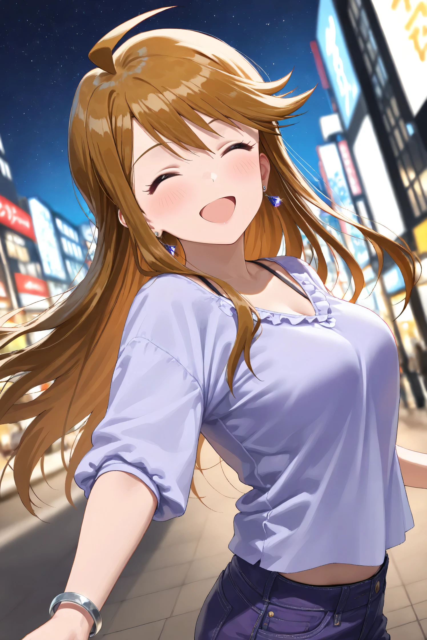 (Masterpiece), (Highest quality), (Very detailed),
(The best shape), (Best Shadow), (Absurd),
(Detailed background), (So beautiful), (Shiny),
(Extraordinary), (Countershading), (8k), (32K),
(High resolution), (Very Detailed CG), (UHD),
(Score_9), (Score_8_up), (Score_7_up),
(Source_anime), (Pastel painting:1.2),
(Watercolor painting:1.2),(Masterpiece, Detailed:1.2), (Foreshortening:1.2),
(Cinematic), (Dramatic), (Depth of field:1.4),
(Blurry background:1.4), (Realistic background:1.4),
(Dynamic angle), (1 girl),
(Outdoor), (Wind), (Japan), (Big city), (Night),
(Night view), (starry sky),
(Casual wear:1.3),
(black underwear),
(Vneck shirt), (Lilac shirt), (big shirt),
(medium sleeves shirt:0.8), (Shirt hem),
(purple short denim:1.2),
(one bracelet), (Earrings),
(Portrait),
(Focus on face), (Close up shot),
(Blush:1.3), (smile), (happy), (open mouth),
(her eyes closed), (parted lips),
(Realistic skin), (Shiny skin),
(Tokoro Megumi),
(The idolmaster million live!),
(t0kor0), (medium breasts), (blue eyes), (brown hair), (swept bangs), (sidelocks), (ahoge), (long hair),