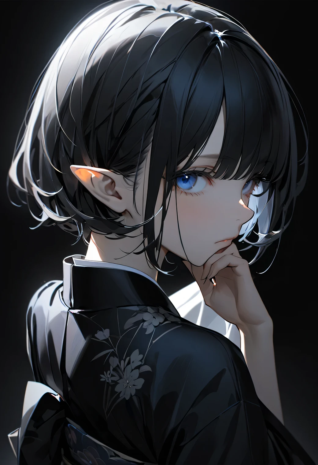 1girl , wanke , shiun \(siun 5513\) , solo , petite , blunt bangs , (very short hair) , blue eyes , half-closed eyes , pointy ears , tsurime , asymmetrical sidelocks , black hair , hair behind ear , black kimono , obi , obiage , sleeves past fingers , hand to own mouth , covering own mouth , looking at viewer , from above , back focus , black background , dark theme , best quality , masterpiece , very awa , absurdres
