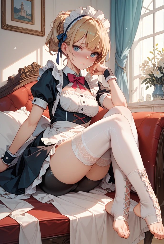 score_9, score_8_up, score_7_up,  (masterpiece, best quality, very aesthetic, ultra detailed, source anime, anime, intricate details), 1girl, solo, rem from Rezero, maid outfit, off_shoulder, white thighhighs, sitting, crossed legs, from below
