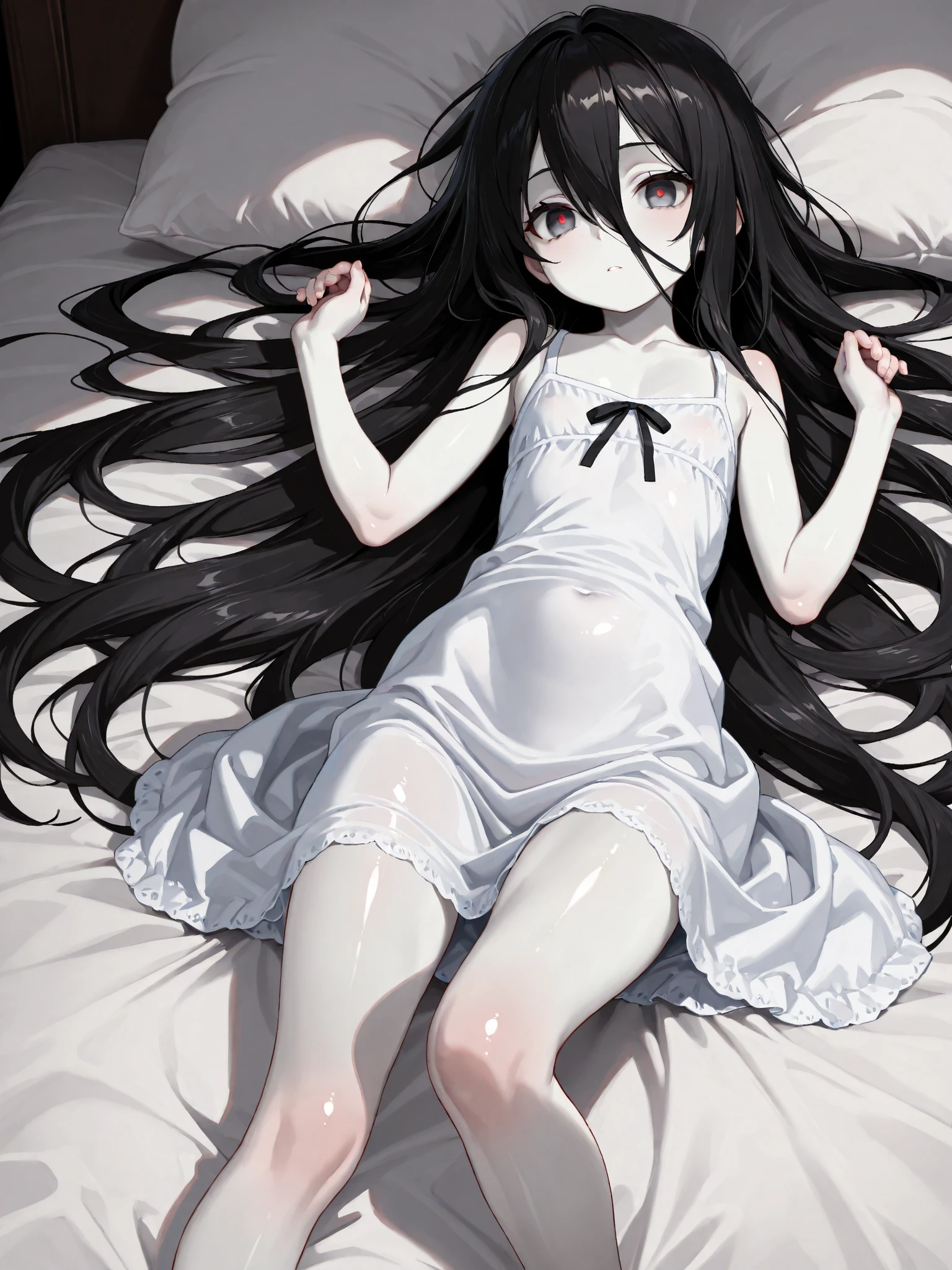 Sadako, soaking wet, wet gown, grey skin, hair covering face, see through dress, through dress, small tits, through dress, lying in bed, girl in bed, Sadako in bed, lying down, ready for sex, young Sadako.