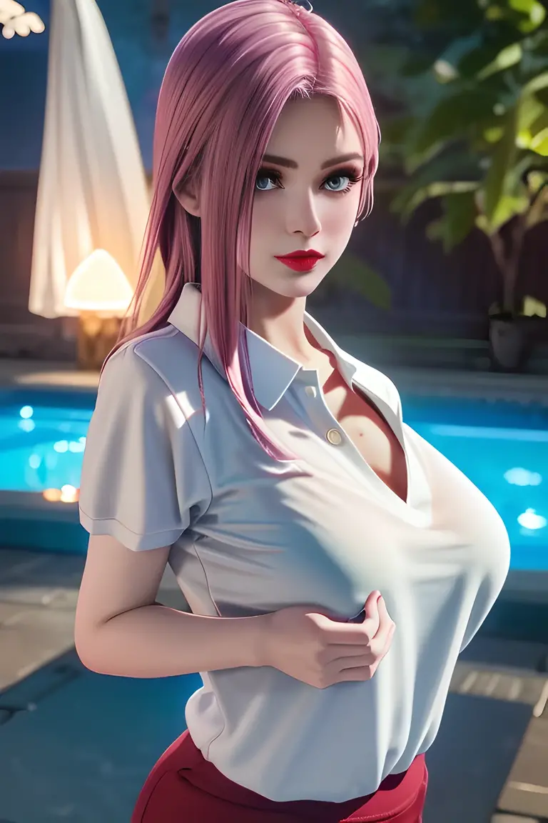 night,moonlight,1 girl,(White polo shirt:1.4),(casual pants),Outdoor activities, (standing posture),grace,(((red lips))), Lips slightly open, clavicle,(huge breasts:1.3),skin shiny,((8k, original photo, top quality, masterpiece)), HD RAW color photos professional close-up photos, (actual, photorealism: 1.37), (best quality),8k,Define detailed faces, tiny details,alone,Alice,