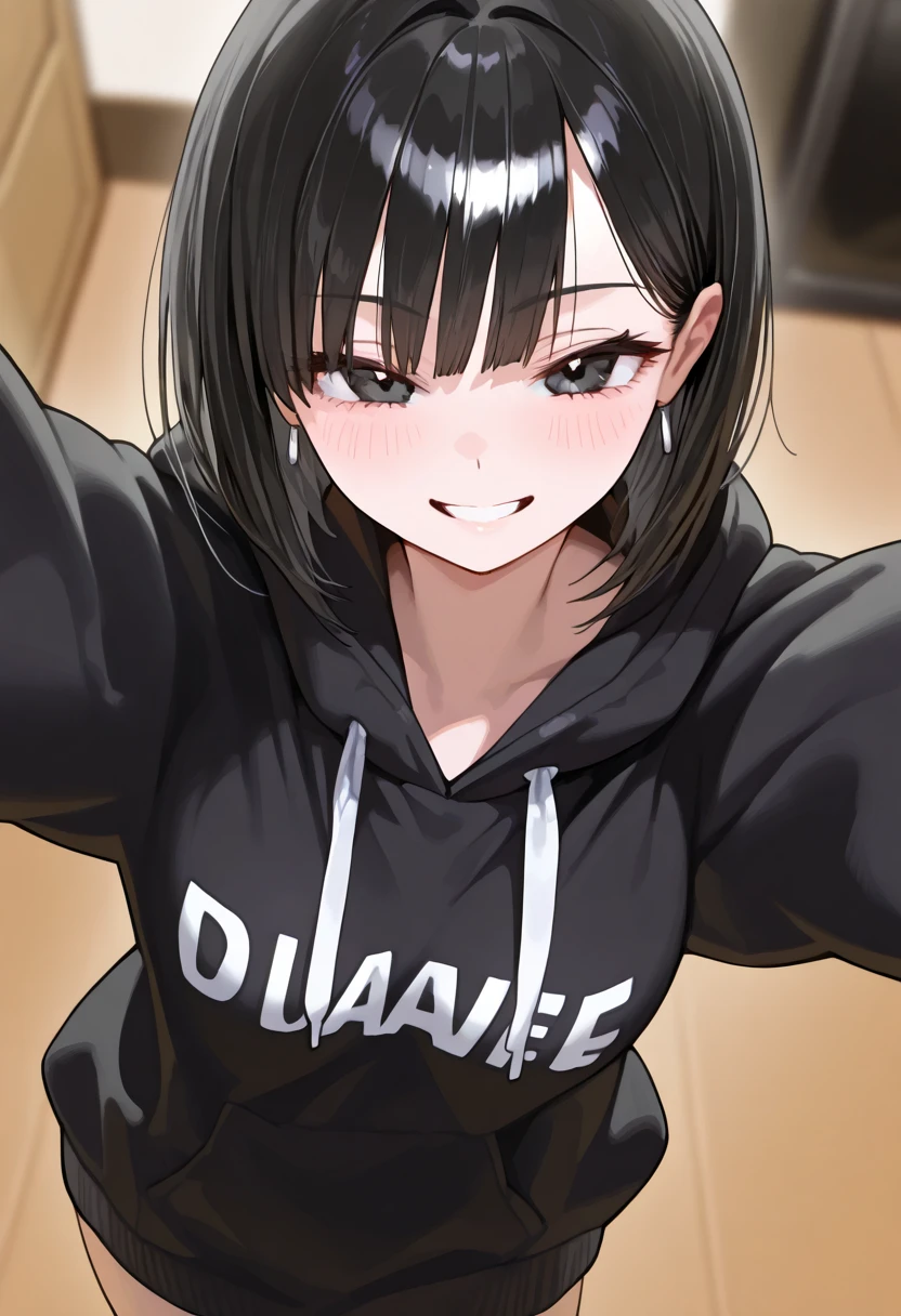 Long black hair in a ponytail、A 40-year-old married woman with her bangs cut,Alone at night、. She looks straight at the viewer with a big smile.、shine, Sweaty skin. She is making a peace sign with her hand、I have a nice bowl-shaped chest、Graceful operation、Random pose