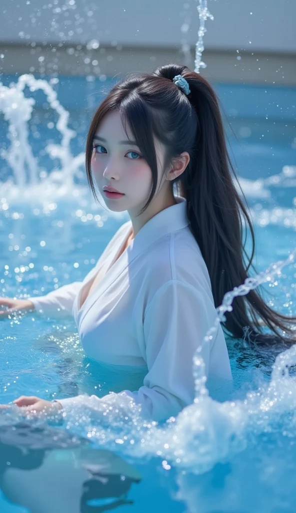 (Top Quality, 8k, 32k, Masterpiece, UHD: 1.3), (Charming Japan Female Pictures), 1 Girl, (Semi-Long Black Hair), Perfect Body, Ultra Detailed Face, Detailed Lips, Fine Eyes, Double Eyelids, White Shirt, (Seductive), Big, Beautiful Asian Girl, Window, Sunshine, (Robot at Hand), Bathing, Dutch Angle Shot, Full Body