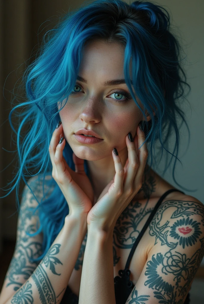 tatoué,très beaux seins、robe blanche legere, texture lin ou soi, tissu fin, décolleté, bretelle robe glisse sur bras, marche et avance d’un pas souple, distingué, robe se déplace au rytme de ses pas,  brise de vent, une mains sur seins, seins nue, De nombreux tatouages sur les bras et le cou)、 (Tard dans la nuit en Australie&#39, lumières aux chandelles uniquement,très détaillé, une belle femme, Elley Shining,Visage déprimé, Cheveux bleus, ondulés, yeux bleus, haute résolution, chef-d&#39;œuvre, la plus haute qualité, détails complexes, très détaillé, concentration claire, peau délicate, Pratique skin texture, texture, Yeux délicats, professionnel, 16k, visage triste,désespoir、 tourné avec Canon, 85mm, Peu profond et profond, couleur de vision kodak, exactement, très détaillé, photographier, photographierPratique, Pratique, Post-traitement, détails maximum, rugosité, vrai vie, photoréalisme, photographiergraphy, 16k Ultra HD, photographiergraphy, plan tres reculé, immense entrepot abandonner, personnage vu de de haut en bas, pied nue
