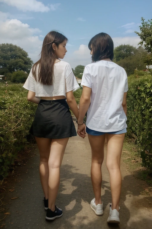 photo, 2 Japanese idol girls, naked, walking on the way to school naked, from behind