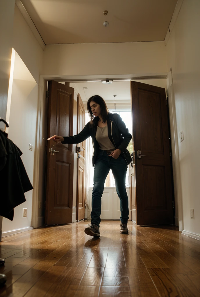 A woman comes running out of an old mansion with torn clothes