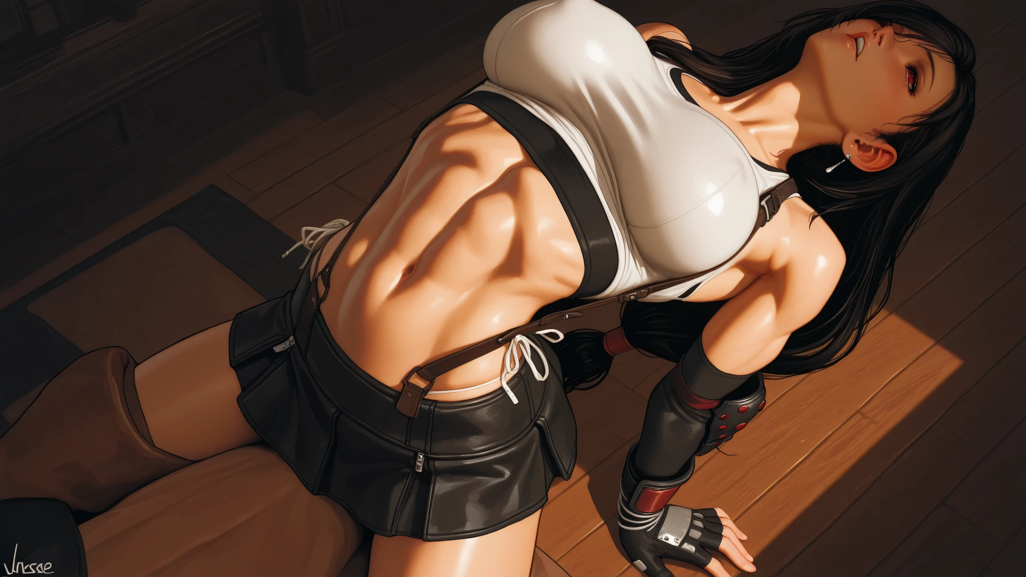 Photo, Raw, shallow DOF, sharp eyes focus, alone, ((mid 40s milf kicking like Tifa Lockhart)), (((ultra realistic detailed eyes))), intricate eye details, sweaty, ultra skin texture, ((ultra skin details)), skin imperfections, intricate details, long messy hair, volumetric lighting, visually interesting, ultra realism, muscular abs, sharp features, asymmetrical legwear, asymmetrical hair, asymmetrical clothing, frizzy hairstyle, hairy armpits, hairy, hairy vagina, breasts exposed, vagina exposed, heterochromia, very colorful photo, bright and vibrant kaleidoscopic background, vast array of colors, multicolored and kaleidoscopic hair, kaleidoscopic tattoo colors, inviting stance, very tall women, ripping clothes off other women, very muscular thighs, very muscular calves, very muscular biceps, flexing biceps, full body, standing women, 8k, (insanely detailed: 1.5), 20 megapixel, ultra sharp, endearing and kind eyes, kind smile, flirting with viewer, having sex with viewer, large cameltoe, large breasts, wardrobe malfunction during mid-kick