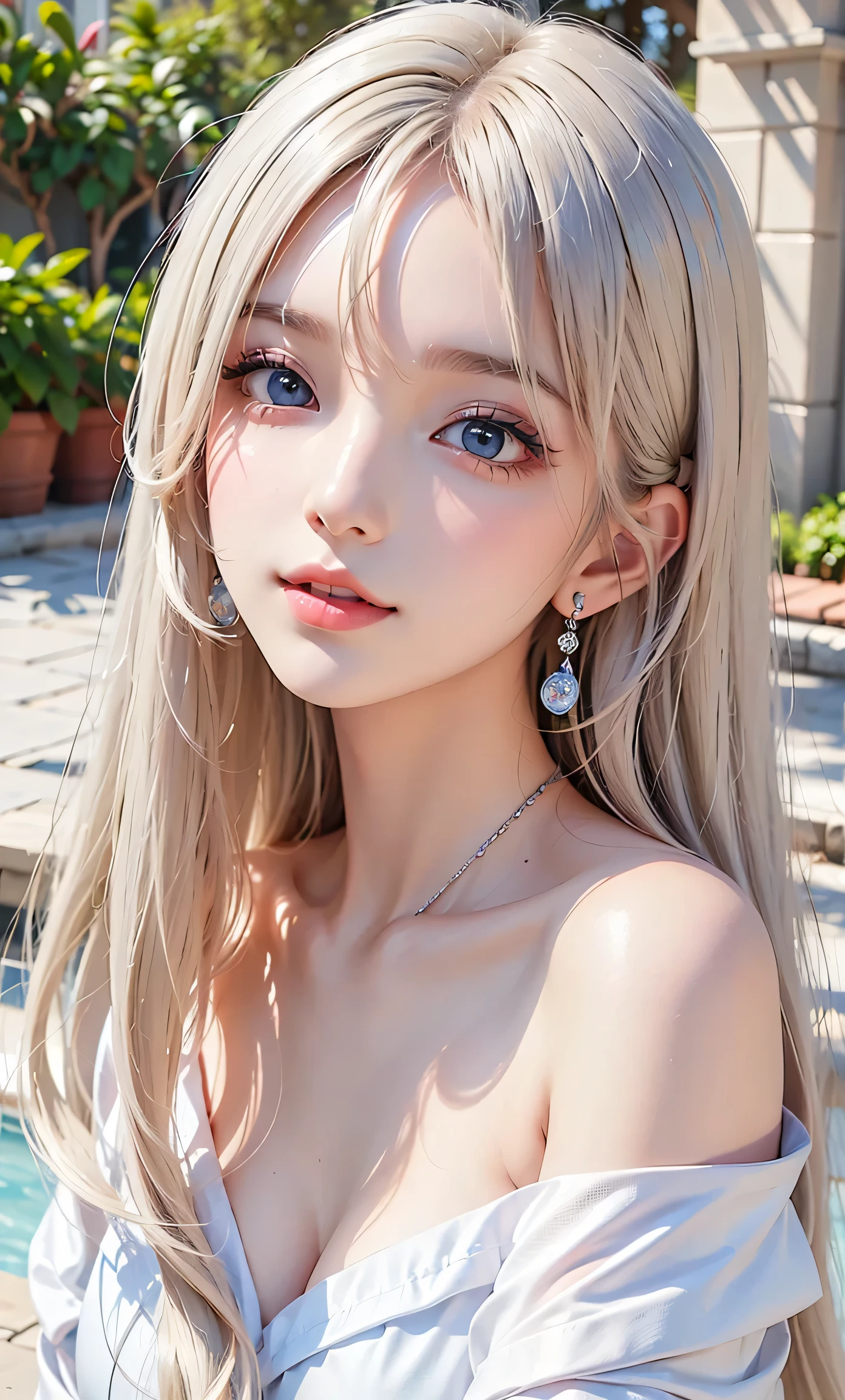 ((nsfw:1.4)), (( Detailed face, Cute Face, Detailed face,  Professional photography)), ((((Are standing)))  ,  ( smiling : 1.2),  Earrings)), (( Shiny platinum blonde silk hair, beautiful shiny bangs, Big clear sky blue eyes, Very beautiful bright eye highlights, 1 Girl)), Ultra-high resolution, (Realistic: 1.4), RAW Photos, Highest quality, (PhotoRealistic Stick), concentrated, Soft Light, ((15 years old)), (((Young Face))), (surface), (Depth of written boundary), masterpiece, (Realistic), woman, bangs, ((1 Girl))、Small breasts、Erect nipples,navel piercing,shaved pussy、Making a peace sign、(naked:1.5)、necklace、Drooling