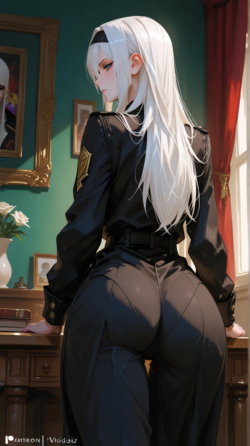(masterpiece,bestquality,highlydetailed,ultra-detailed)(full body)(lesbian)(solo)(1girl)(longliverhair:1.2)(hair loops:0.5)(Wing-like bangs:0.8)(Dull hair:0.3)(leather boots)(hitman:1.2)(Lighting in the back:1.5)(white hair:red eyes:0.5)
