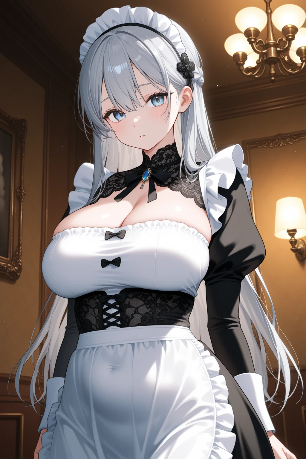 masterpiece, best quality, official art, extremely detailed, 1girl, maid, huge breasts, smile, manor