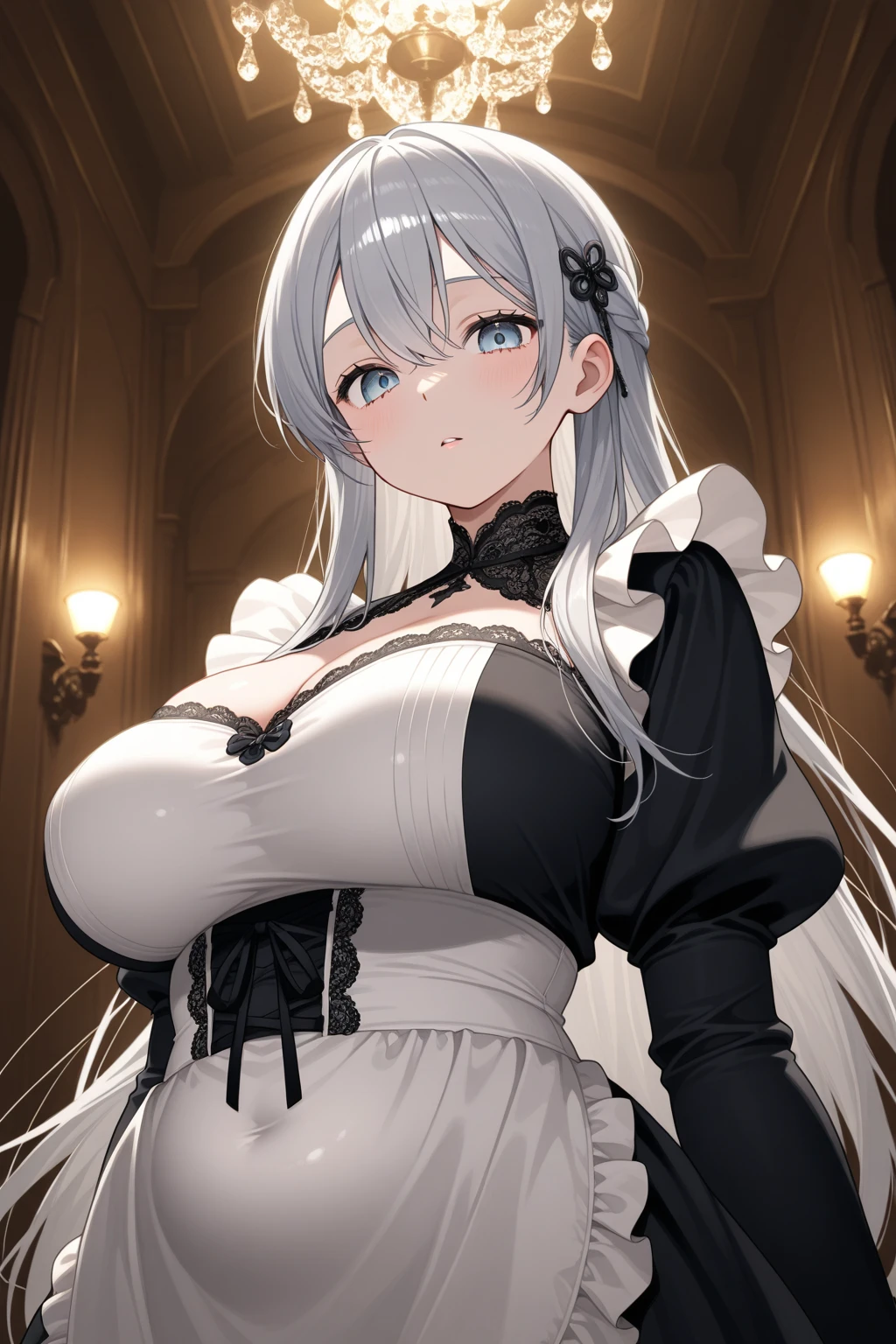 mature woman, stern expression, (scowl), white hair, ponytail, silver eyes, ((full black frilly dress covering her body)), portrait, up-close, ((crossing arms)), facing the camera, (huge breast)