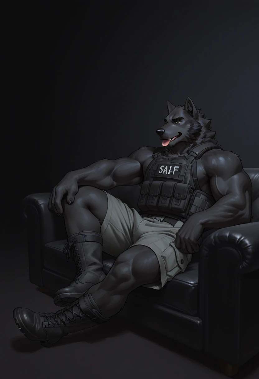 A Dog is sitting on a police car in a city, Best quality, masterpiece,ultra high res,detailed background,realistic, real shadow and light,depth of field, (looking at the viewer), (NSFW:1.5), (Naked), topless, pants down, Naked character, naked body, big penis with foreskin, gray fur, Sexybody, muscular, Hunky, barefoot, mouth open.