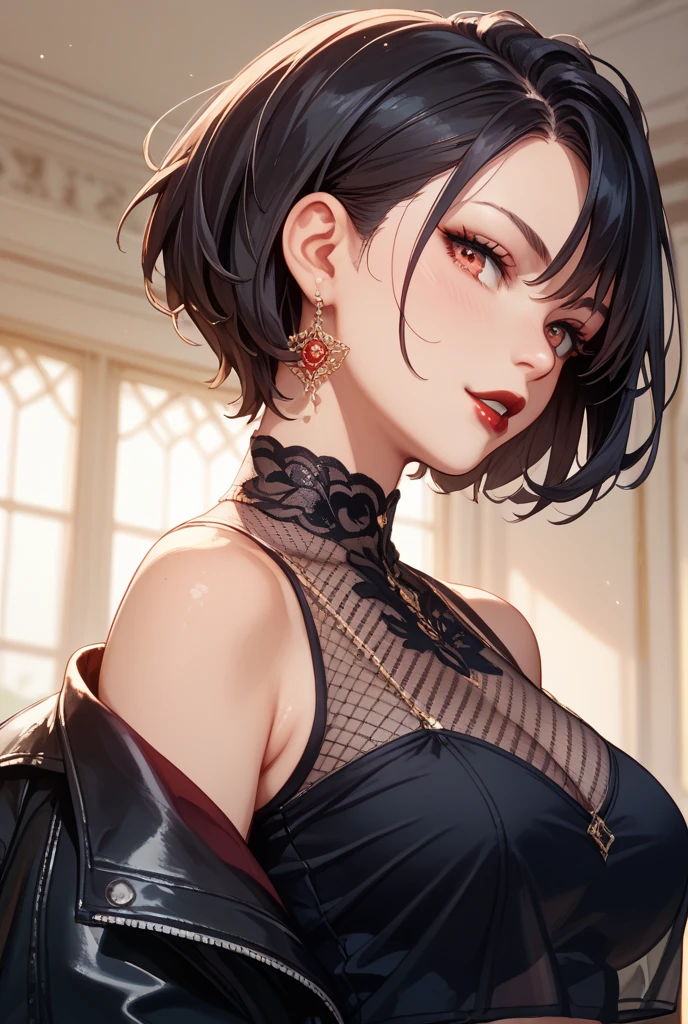 (8K, Best Quality, Masterpiece, Ultra High Resolution) Single Person, 1 Woman, Cute Eyes, Face Details, Pale Skin, Slender, Short, Black Blue Hair, Short Hair, Red Eyes, Black Outfit, Sitting at Table, Cafe, Best Quality, Upper Body, Looking at the Viewer, Facing Viewer, Close Up