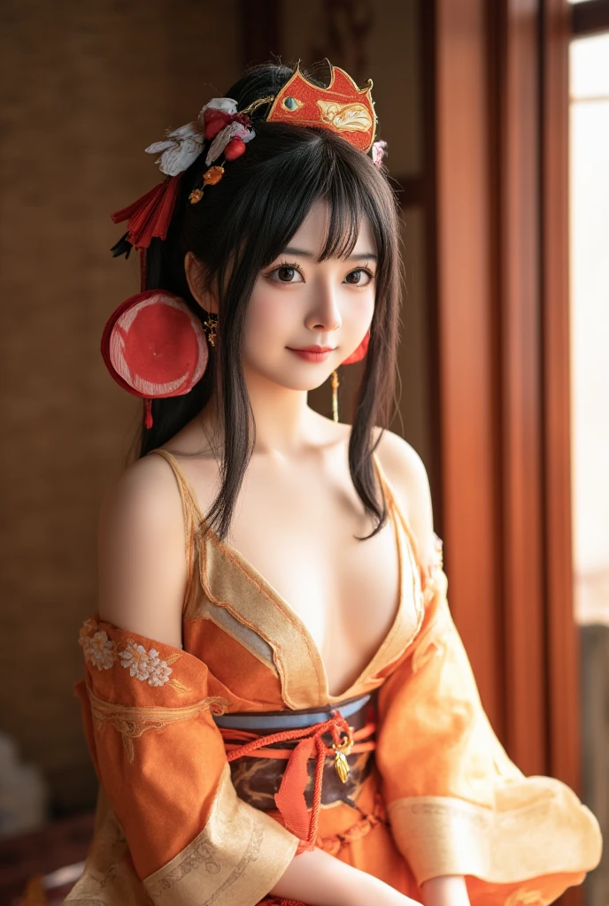 8k Ultra HD, Digital SLR,Film Grain, Fujifilm XT3,(Highest quality:1.3), (masterpiece:1.1), High resolution, Cinematic Light, Intricate details, (Realistic) (Night view) Realistic backlight、ドラマチックなredトーンの光、Beautiful Japanese Geisha full body photo, ((Facial texture Pore details)), Grin、悪魔のようなsmile, Simple messy hairstyle, 伝統的な龍のモチーフが描かれたサテンの黒いkimonoを着て, Open shoulders, Colorful dragon tattoos all over the body, Long Blade, Inside a traditional villa,White-hilted Japanese sword, 8k, Front blur,Ultra HD, Digital SLR,Film Grain, Fujifilm(8k, Highest quality, masterpiece:1,2), (Realistic, Realistic:1.37), Very detailed, one person's,), (Very detailed), (Detailed and beautiful eyes), (Highest qualityの), (Very detailed ), (masterpiece), (Detailed face),woman((19 years old)), hair((red, Wavy, length)), eye ((red eye, big eye)), Clothes((kimono,big slit, redい花柄)), accessories ((Earrings, necklace)), Huge breasts, big , smile, background,長いhair,Red Clothes,Cowboy Shot