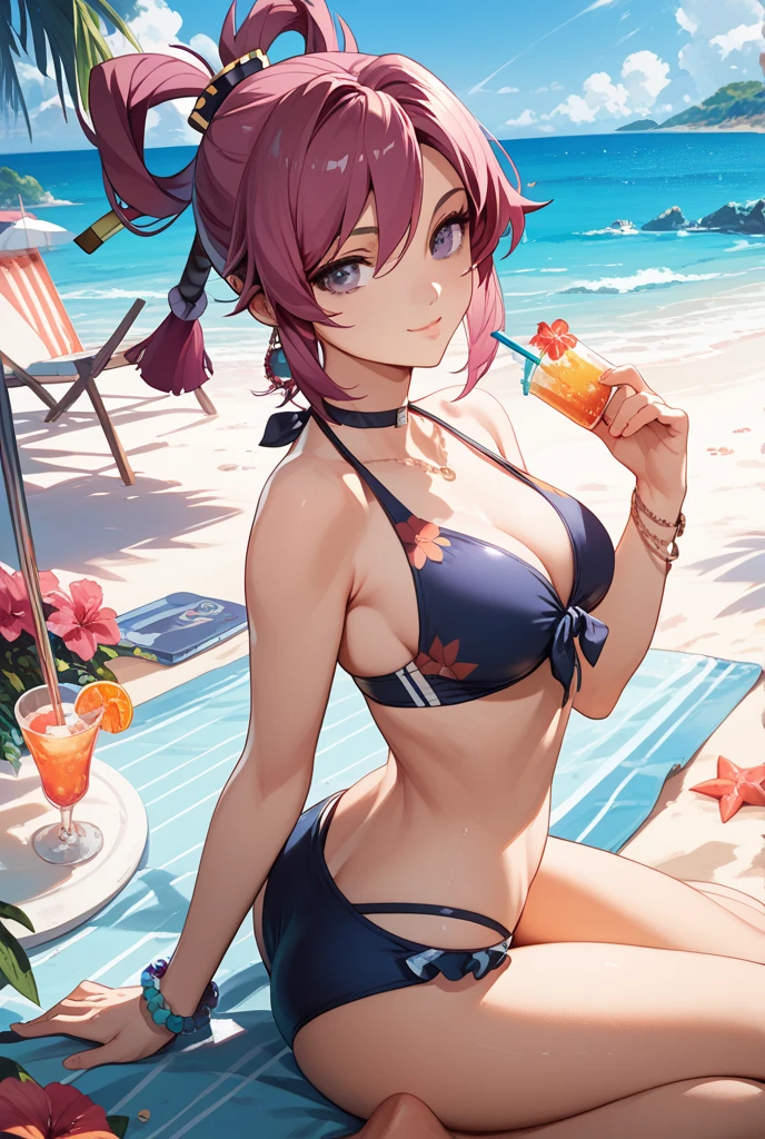 (Masterpiece, Best Quality, High Quality), volumetric lighting, illustration, beautiful, perfect lighting, perfect shadows,Nishikino maki , dynamic camera angle, (bikini:1.2),underboobs, thighs, solo, purple eyes ,red hair , beach , laying on her side,on beach lounger, moist skin ,sweat drops, spread legs 