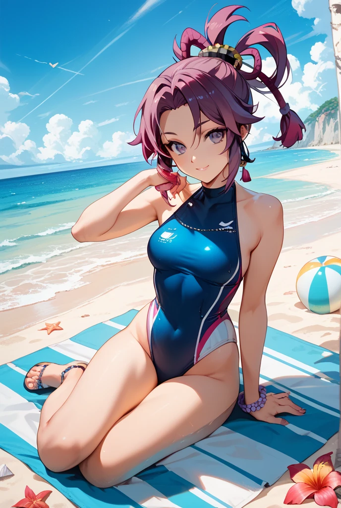 ((unity 16k wallpaper, masterpiece, best quality, ultra-detailed, extremely detailed CG, caustics, cinematic lighting, detailed, beautiful detailed eyes)), ultra high resolution, fine skin, (cute: 1.2), ( 15 year old girl), ((old school swimsuit: 1.6)), summer sunshine, (sunset seaside: 2.0), ((writing in the background)), purple hair, biunt bangs, open legs