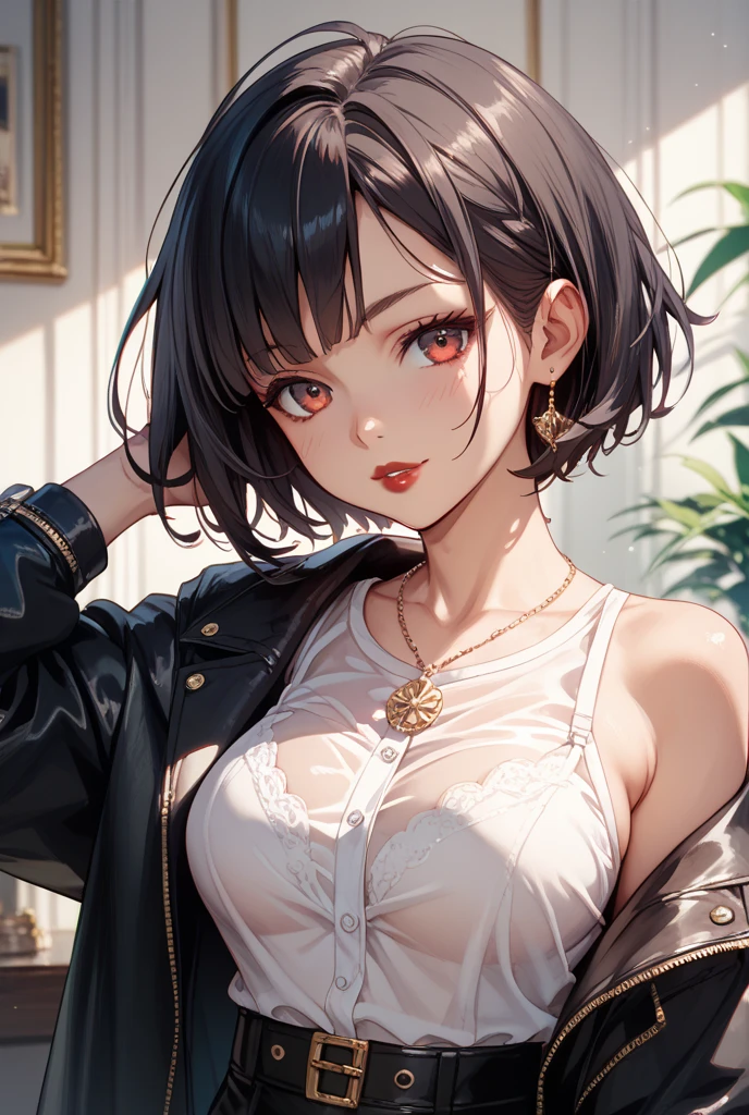 Amazing portrait of a cute goth woman with her short black hair in a bob hairstyle and she's wearing heavy eyeliner around her eyes and she's gazing at you seductively she wears an off shoulder t shirt that is orange and black with black bra straps
