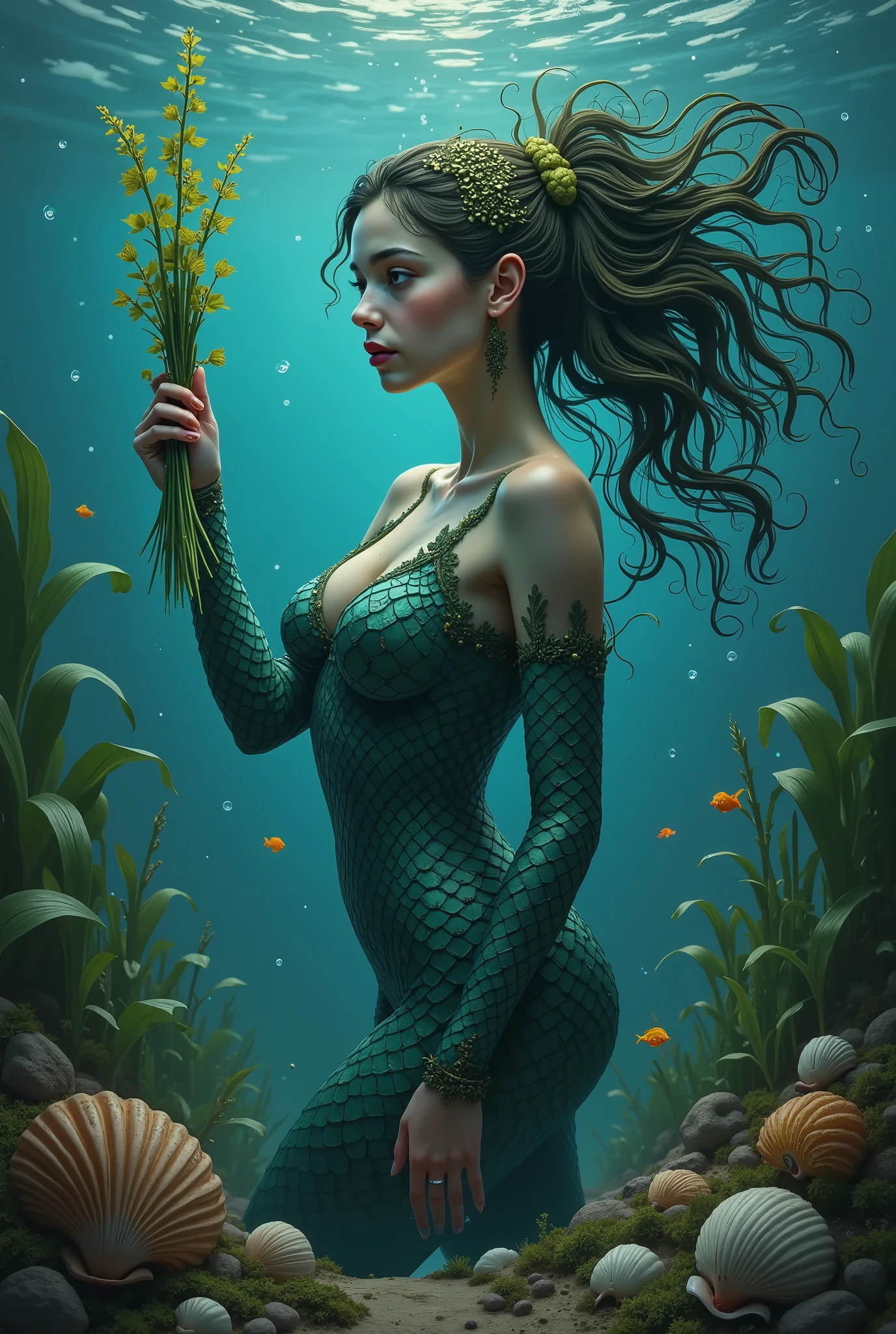Girl covered in scales, hand membranes with beautiful gills, armbands, beautiful eyes with a vertical retina, teeth sharp as saws, on her forehead knitted algae tied hair beautifully, dark greenish blue skin, the nose is slightly flat with small oblong holes, in the hand holds seaweed that develops in a bunch under water, small fish swim, underwater bubbles from small craters rise, and on the ground there is a sea star and beautiful shells, green blades of moss cover the bottom of the sea, masterpiece, Fantasy style, high detail, clearly , detailed, clarity, high-quality, wonderful, mythical creature, fabulous , full length, where the breasts are covered by musli shells,