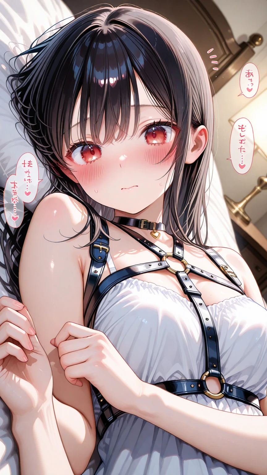 Shiny blond hair, very long hair, sophisticated haircut, ((((hair fully braided)))), ((small twisted braids)), thin and oval face, submissive, (((gagged))), ((((black tight wool crop top)))), ((((tight skirt)))), cute and blushing 18 years old anime girl, look away because she is embarrassed and blushes, bright blue eyes, detailed face, detailed members, detailed arms, detailed hands, ((((sparkling diamond jewelry)))), tiara, ((makeup)), high heels, puffy sleeves, long gloves, long eyelashes, Girl lying, tied by ropes, shackled, can no longer move, tied tightly, very hard tied up with lots of ropes, hampered by so many ropes that she can no longer move, bound hands and feet, ropes tie his whole body, tied extremely tightly and forcefully to her bed by a lot of ropes, its limbs are strongly tied together by ropes, his torso is tied up with thick cords, her chest is so tied up with ropes that it sticks out, her legs are tied tightly with thick ropes, his hands are tied behind his back with ropes, she can no longer move her feet, her hands which are tied by thick ropes, she desperately tries to free herself, likes to be tied tight with big ropes, likes to be immobilized by big ropes, lying down, his hands and feet are strongly tied to the railing of his bed, his legs are pressed together and tied with ropes, its limbs are held vigorously by imposing ropes, her hands are tied securely behind her back by ropes, her chest is compressed by strong ropes, she is pressed against her bed and restrained by large ropes (shibari, arms behind the back:1.4), (hands on the back), (masterpiece, best quality) 1.5, 1girl, solo, (sexy, beautiful woman, perfect face, perfect eyes, perfect hands), samus aran, (shibari, arms behind the back:1.4), (hands on the back), Spread the legs, s' ((lie in bed by big ropes)), ((close up of the girl)), ((((lie in bed))))