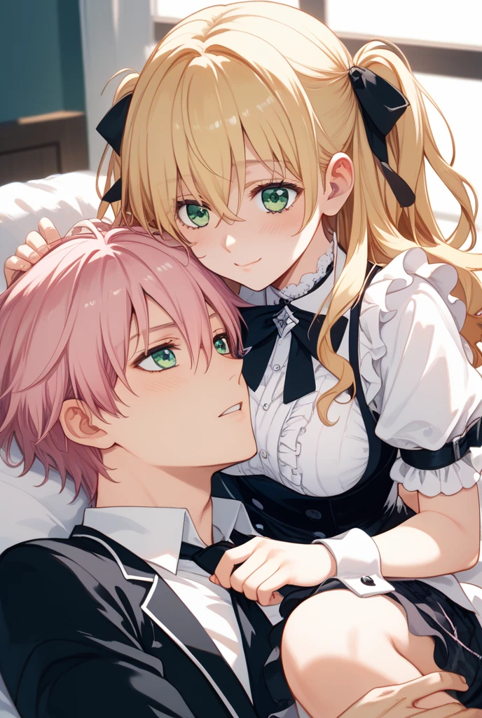 masterpiece, Highest quality, so beautiful, absurdists,High resolution,One girl, One boy,Cuddling in bed, like,sexly,Look at each one, blush,Age difference,bow tie,blondes,chest,Long Hair,Pink Hair,Tucked in shirt,short hair,skirt,Tent shirt,Slut,Big breasted sister and brother,Siblings, trousers,Pushing her big tits against her brother,(My brother&#39;s erect penis),((((姉のvery huge breasts,Sister crushes her big tits in her brother&#39;s face)))),(((((Very huge breasts))))),(((((penis,NSFW,Soft Very HUGE breasts))))),((Bursting Breasts,Huge breasts hiding her brother&#39;s face)),((((((((Huge Breasts, Large Breasts, Very Large Breasts, Very Large Breasts, Very Large Breasts, Very Large Breasts, Very Large Breasts, Very Large Breasts, Very Large Breasts, Very Large Breasts, Very Large Breasts, Very Large Breasts, Burying Face in Breasts)))))))),Two people gazing at each other,puffy breasts,((Face crushed by tits, huge breasts on brother's body, mouth covered by tits, breasts covering face)),((huge breasts)),((soft massive breasts)),crotch grab