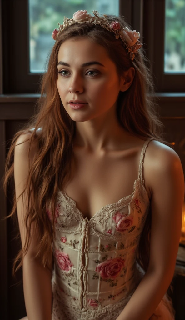 Masterpiece, ultra realistic. Front facing picture. ((The First low third of the picture is full of blurry red roses)). Behind the roses is a leaning forward ultra hot gorgeous European woman, age 23, wavy blonde hair, sheer lace, she’s smelling the roses with a subtle smile. Background a snowy village in a winter night with northern lights.