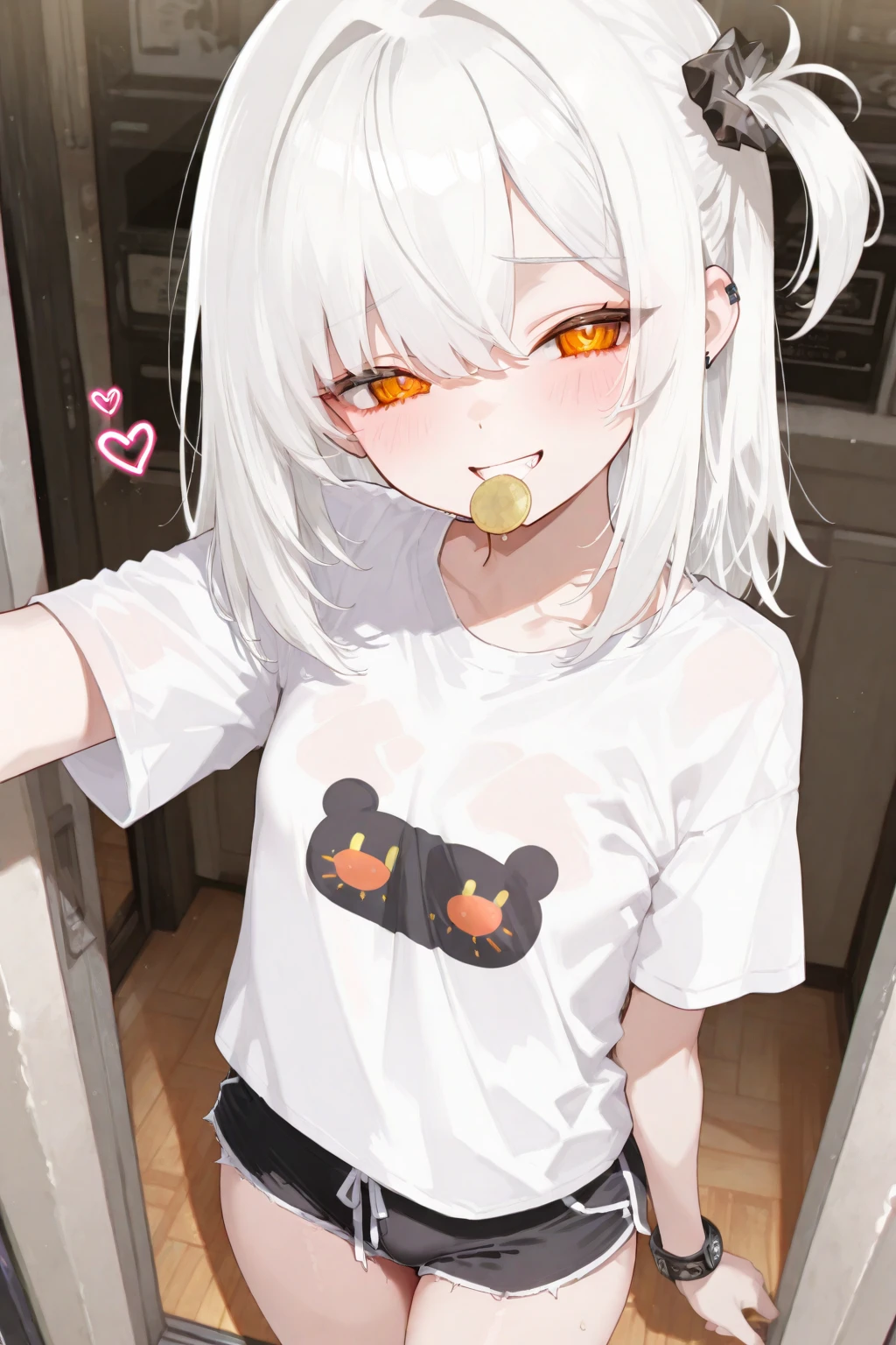 1girl, solo, long hair, white hair, parted bangs, short bangs, forehead, yellow eyes, dragon girl, golden dragon horns, dragon tail, golden dragon tail, pointy ears, golden scales on cheek, wearing a white shirt, oversized shirt,  shoulder,  legs, arms on sides, cowboy shot, black background, simple background, masterpiece, best quality, score_9, score_8_up, score_7_up, score_6_up