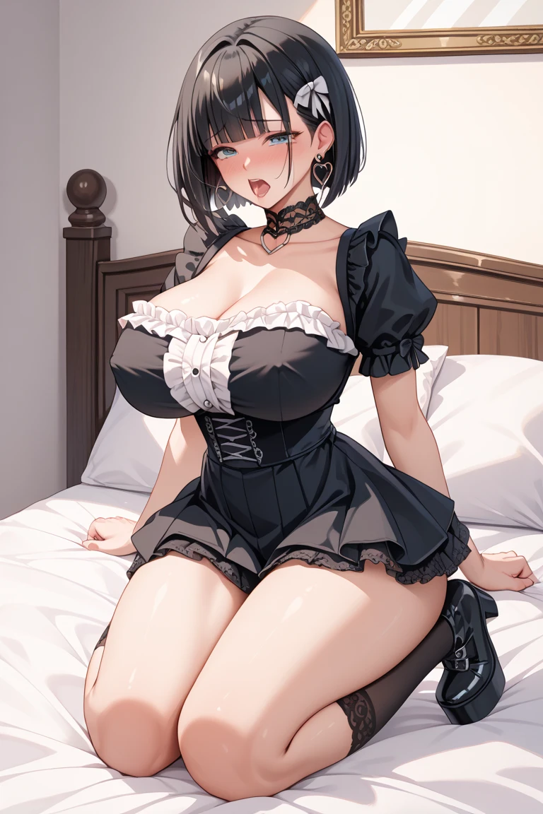 (8K、Best image quality、Highest quality、Ultra-high resolution, Detailed Background、The perfect background、Realistic skin texture、masterpiece) Black hair in twin tails、short hair、Wavy Hair、Blunt bangs、Black Eye、((blush、Glaring at me))、((Large Breasts、Cleavage))、Black frilly outfit、Off-the-shoulder strapless、Black mini skirt、((Black Panties))、((Fishnet tights))、A charming brat、 (((Dim lighting)),(((Sitting on a large velvet leather sofa with her legs spread)))、Embarrassed