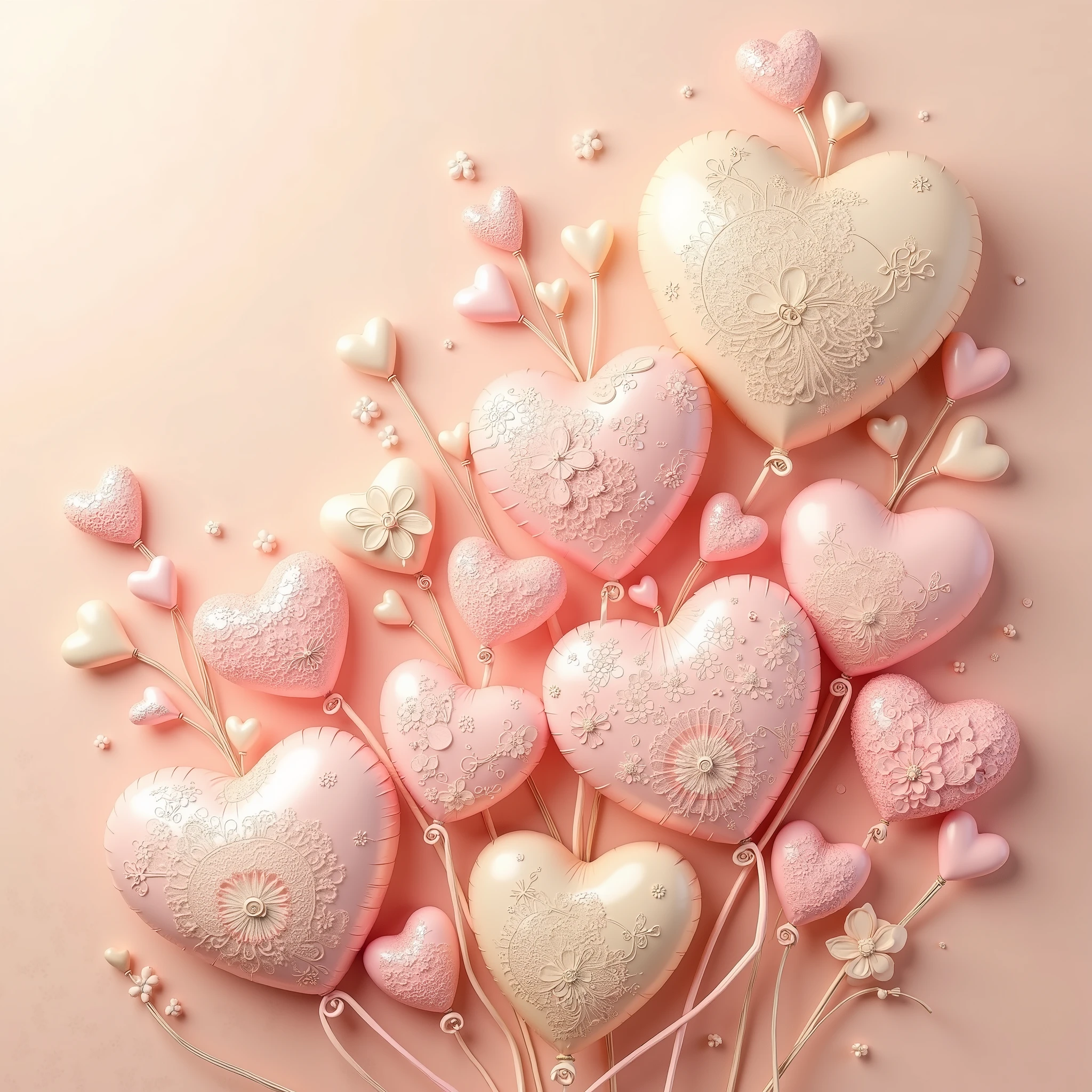 In this enchanting image, an array of heart-shaped balloons in varying shades of pink and cream are artistically arranged against a soft, peach-toned background. Each heart is adorned with intricate, lace-like patterns that add an element of delicate sophistication. Interspersed among the hearts are whimsical floral decorations, including daisies and other stylized blooms in pastel hues, which rise upward like graceful tendrils. Small, round dots and tiny heart shapes are scattered throughout the composition, contributing to a sense of playful elegance. The lighting is gentle, creating a serene and romantic ambiance that radiates warmth and comfort. The harmonious color palette, combined with the detailed textures, gives the scene a dreamy and uplifting quality, evoking feelings of love and tenderness.