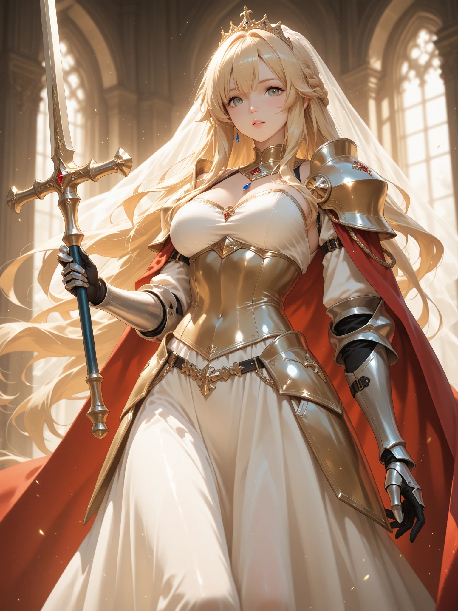 Masterpiece, best quality, White headphone, blonde, Korean woman, tall, slender, long beautiful legs, Female Knight, red gauntlet, red greave,  Sword, beautiful face, detailed face, detailed fingers, anime pastel, cleavage, Castle