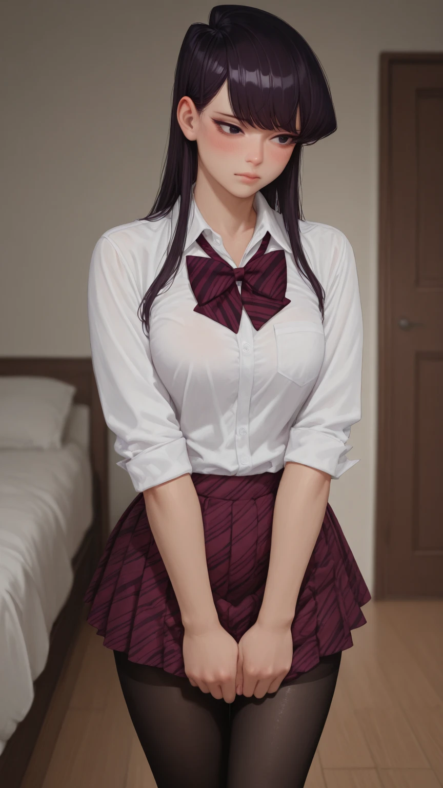 (tmasterpiece,best qualtiy,ultra - detailed,high detal:1.2),1girll,By bangs,black_Hair,Blushlush,Button_the gap,Huge_Breasts,Long_Hair,Looking_at_peeping at the viewer,purple_Eyes,school_uniform,The shirt,a skirt,独奏,sweat leggs,(White_Pantyhose:1.25),full bodyesbian,(Ulzzang-6500:0.9)