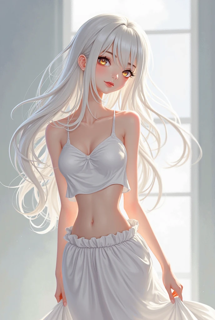 (1 girl:1.2),  ears, Tail, One, smile, I look at the viewer, hands behind your head, long hair, White hair, Blue eyes, (virgin_разрearsтель_sweater:1.5), side tit, lower chest, no panties, shaved pussy, high detail vagina, white knee socks, in room, corridor , realistic, Photo, no panties