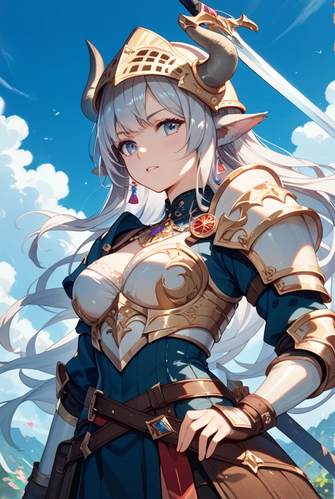 magazine cover of warrior, sexy pose, big breasts, servo armor, short white hair, elf earns, conical hat