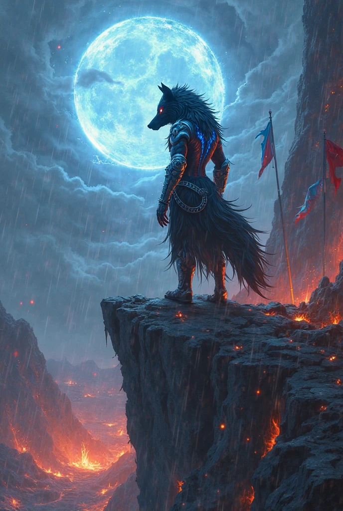 a male werewolf on a cliff under a full moon, looking into the distance with a dark atmosphere, red glowing eyes, howling, (best quality,4k,8k,highres,masterpiece:1.2),ultra-detailed,(realistic,photorealistic,photo-realistic:1.37),detailed facial features,muscular build,torn clothes,dramatic lighting,moody colors,cinematic composition