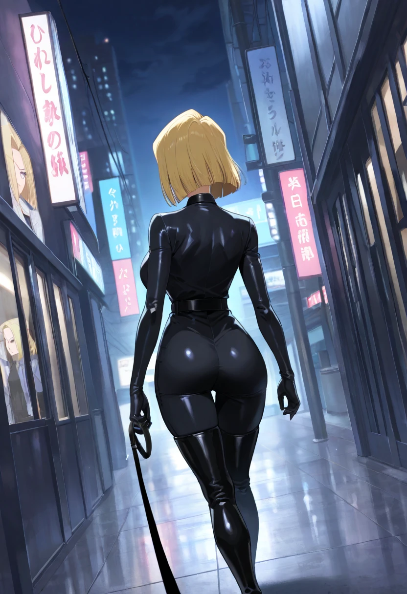 one girl , Alone, Android 18, black latex bodysuit , black boots, blck thigh boots、 black tights、evil, look behind, from behind、 general , Masterpiece, top quality, So Aesthetic , anime screen capture , Big Breasts、 dutch angle, general , Masterpiece, top quality, So Aesthetic ,viewer_on_leash, viewer on leash, POV at boots, walking, arms along the body