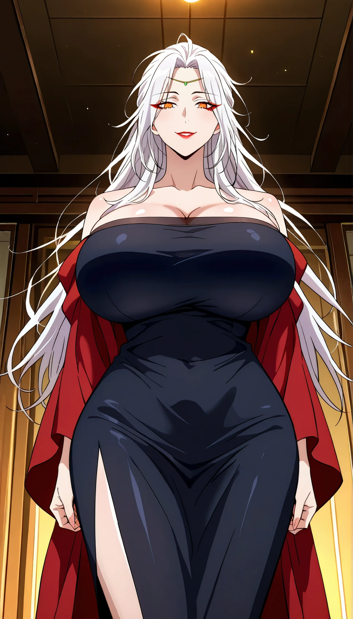 1girl, mature female, older, gigantic breasts, milf, motherly, wide hips, long hair, messy hair, white hair, orange eyes, eyeliner, red lips, black dress, slit dress, senter slit dress, slit from senter dress, red robe, wide sleeves, off-shoulder, score_9, score_8_up, score_7_up, score_6_up, source_anime, beautiful face, expressive eyes, looking at viewer, solo, close-up, standing, indoors, scenery, dramatic lighting, anime screencap, seductive smile