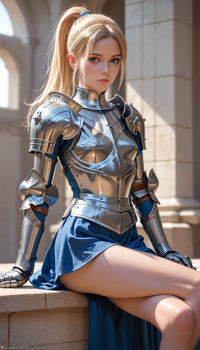 Blonde warrior girl, young girl, pretty face, thin girl, pretty girl, skinny girl, She's wearing a plate armor, medieval armor, steel breastplate, steel gauntlets, steel gloves, (blue miniskirt: 1.5), (sitting, spread her legs: 1.1), (her panties are showing: 1.2), you can see her panties, underwear, pantyshot, upskirt, (cameltoe: 1.3), (white panties), panties appearing, medieval fantasy, Dungeons and dragons, RPG character, best quality, (masterpiece), 8k