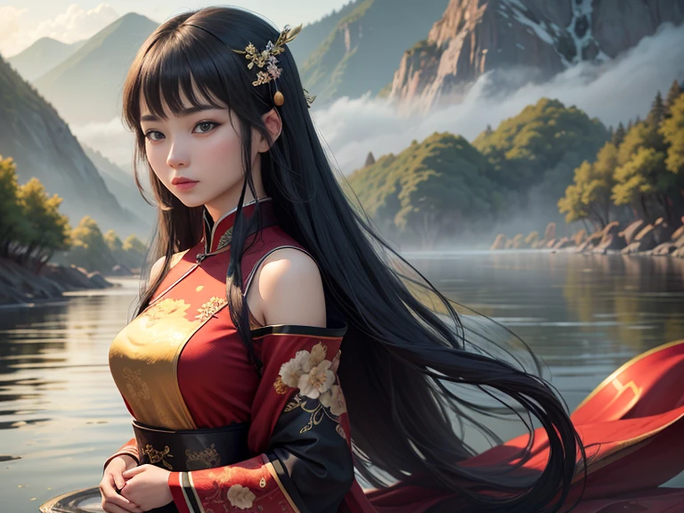 (Best Quality: 1.3, Masterpiece: 1.3), Ultra HD, (1girl, solo), atmospheric perspective, detailed face, upper body, makeup, pink lips, cleft lip, shiny skin, (brown hair), super long hair, Looking at In front of the audience, red eyes, earrings, small breasts, slim body, (white silk), (((((East Asian architecture, riverside, beautiful background))), perfect lighting, (frontal lighting), physically based rendering,