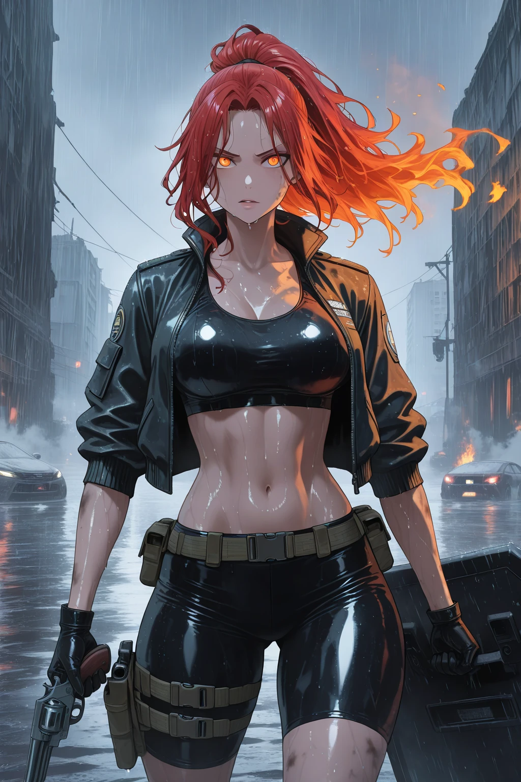 Natural redhead woman with her back to camera, Full Body Pose,, resent, half-opened mouth,Stylish updated hairstyles, hair in bun, Straight hair, Pretty Face, face perfect, Thunderstorm in the background, Destroyed otherworldly palace, Flame and thunder, Facial features are、Aya Yamamoto and Marina Matsui、It is a mix of Asuka Saito and Mao Akiyama, petite body, The photo looks like it was taken with a Sony A7 III, Professional Photographer, dark ambiance, Edge lighting, Cinematic, witchcraft, Full body portrait, Hyper realistic, Beautiful face, 8K, Full body portrait, Elegant, Natural lighting, Sharp Focus, Very detailed face, bright and smooth bright skin, Beautiful face, Smiling, Happy, nffsw, Beautiful soft skin, 50 millimeters, low illuminance, dark and mysterious atmosphere, Vivid skin, Photorealism,Exposed underwear,Chest exposed,Shiny black iron armor,Skinny Legs,