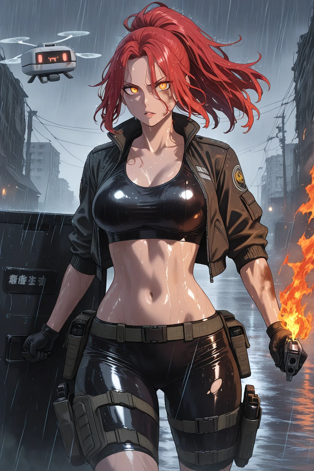 (masterpiece, best quality, ultra detailed, absurdres)1.5, 1girl, (sexy, beautiful woman, perfect face, perfect eyes, perfect female body, huge breasts)1.5, (pikkytamakii, bikini, black bikini, cleavage, collarbone, fire, purple fire, open clothes, firefighter jacket, gray pants, baggy pants, hip vent, metal gloves, metal choker, boots, long sleeves, long hair, black hair, twintails, bangs, navel, hair between eyes, fiery cat ears, fiery cat tail, <lora:Tamaki:0.6>), (full body, standing, in the middle of a Japanese street, modern Japanese city in background, night sky), perfect lighting, smooth, hdr