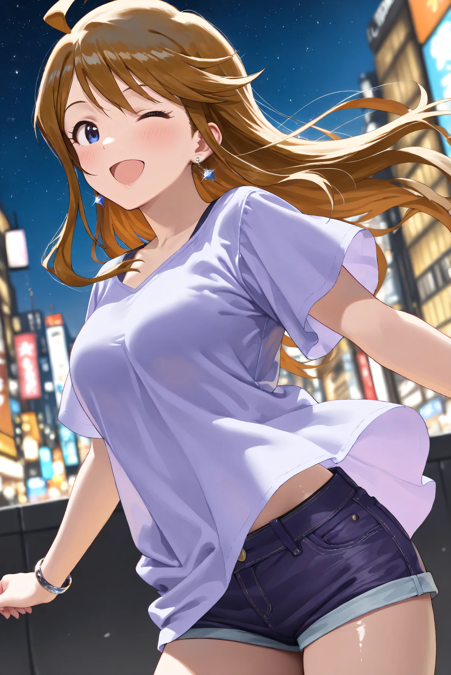 (Masterpiece), (Highest quality), (Very detailed),
(The best shape), (Best Shadow), (Absurd),
(Detailed background), (So beautiful), (Shiny),
(Extraordinary), (Countershading), (8k), (32K),
(High resolution), (Very Detailed CG), (UHD),
(Score_9), (Score_8_up), (Score_7_up),
(Source_anime), (Pastel painting:1.2),
(Watercolor painting:1.2),(Masterpiece, Detailed:1.2), (Foreshortening:1.2),
(Cinematic), (Dramatic), (Depth of field:1.4),
(Blurry background:1.4), (Realistic background:1.4),
(Dynamic angle), (1 girl),
(Outdoor), (Wind), (Japan), (Big city), (Night),
(Night view), (starry sky),
(Casual wear:1.3),
(black underwear),
(Vneck shirt), (Lilac shirt), (big shirt),
(medium sleeves shirt:0.8), (Shirt hem),
(purple short denim:1.2),
(one bracelet), (Earrings),
(Portrait),
(Focus on face), (Close up shot),
(Blush:1.3), (smile), (happy), (open mouth),
(one eye closed), (parted lips),
(Realistic skin), (Shiny skin),
(Tokoro Megumi),
(The idolmaster million live!),
(t0kor0), (medium breasts), (blue eyes), (brown hair), (swept bangs), (sidelocks), (ahoge), (long hair),